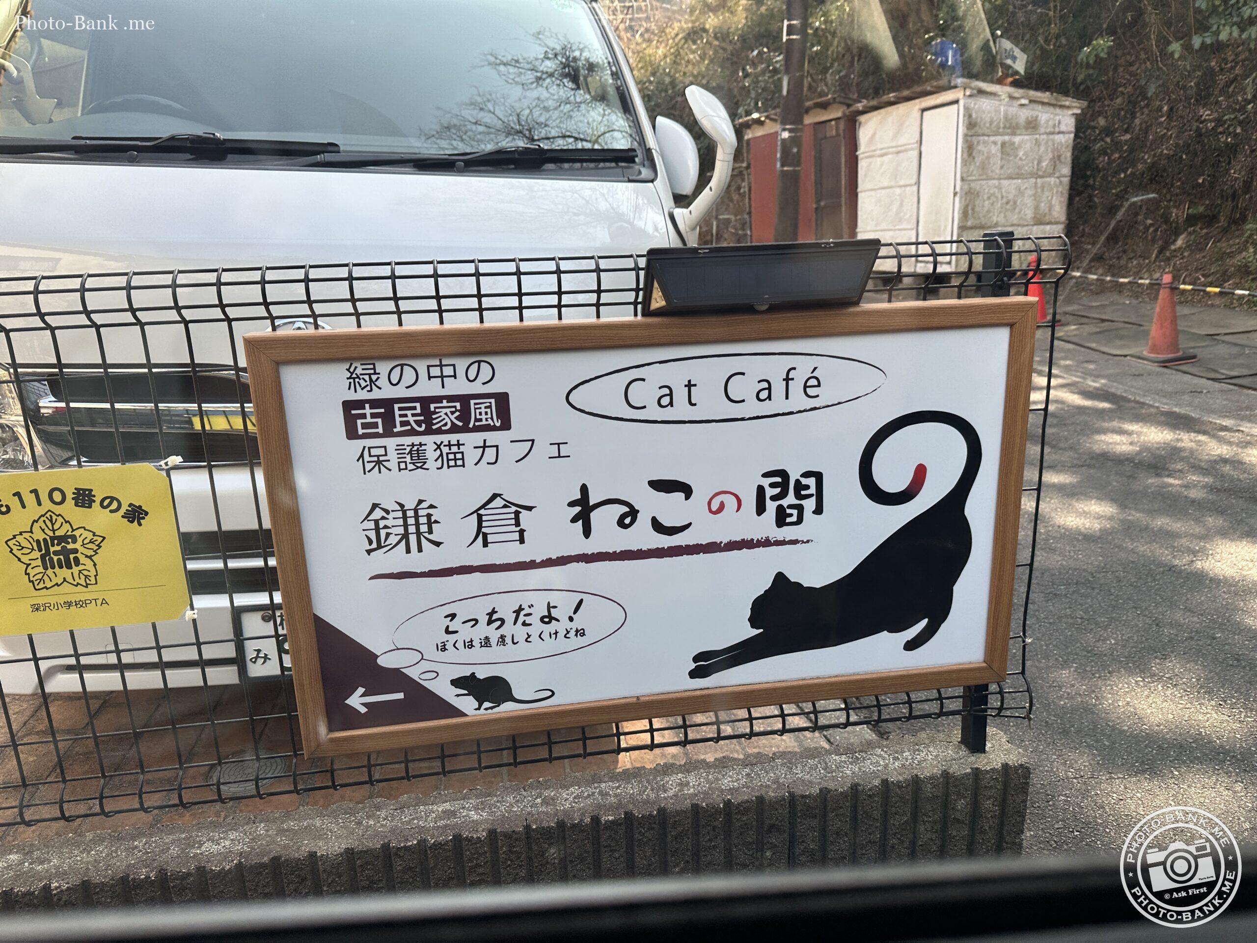 緑の中の古民家風保護猫カフェ「鎌倉ねこの間」の看板と、背景の白い車。