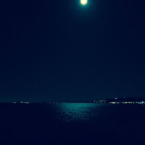 川崎から見た東京湾の夜景、月が水面を照らす