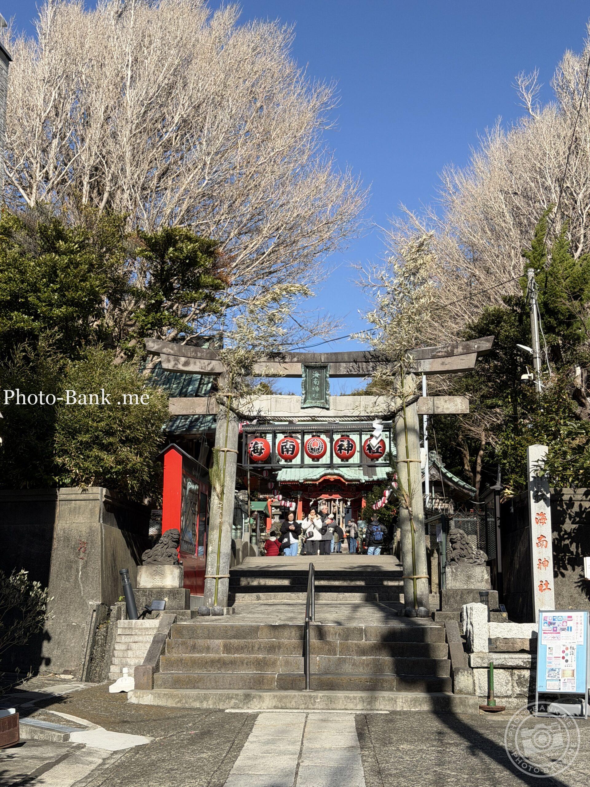 冬晴れの海南神社、石段を上る参拝者たちの列。石造りの階段と鳥居、参拝者の姿が見える。