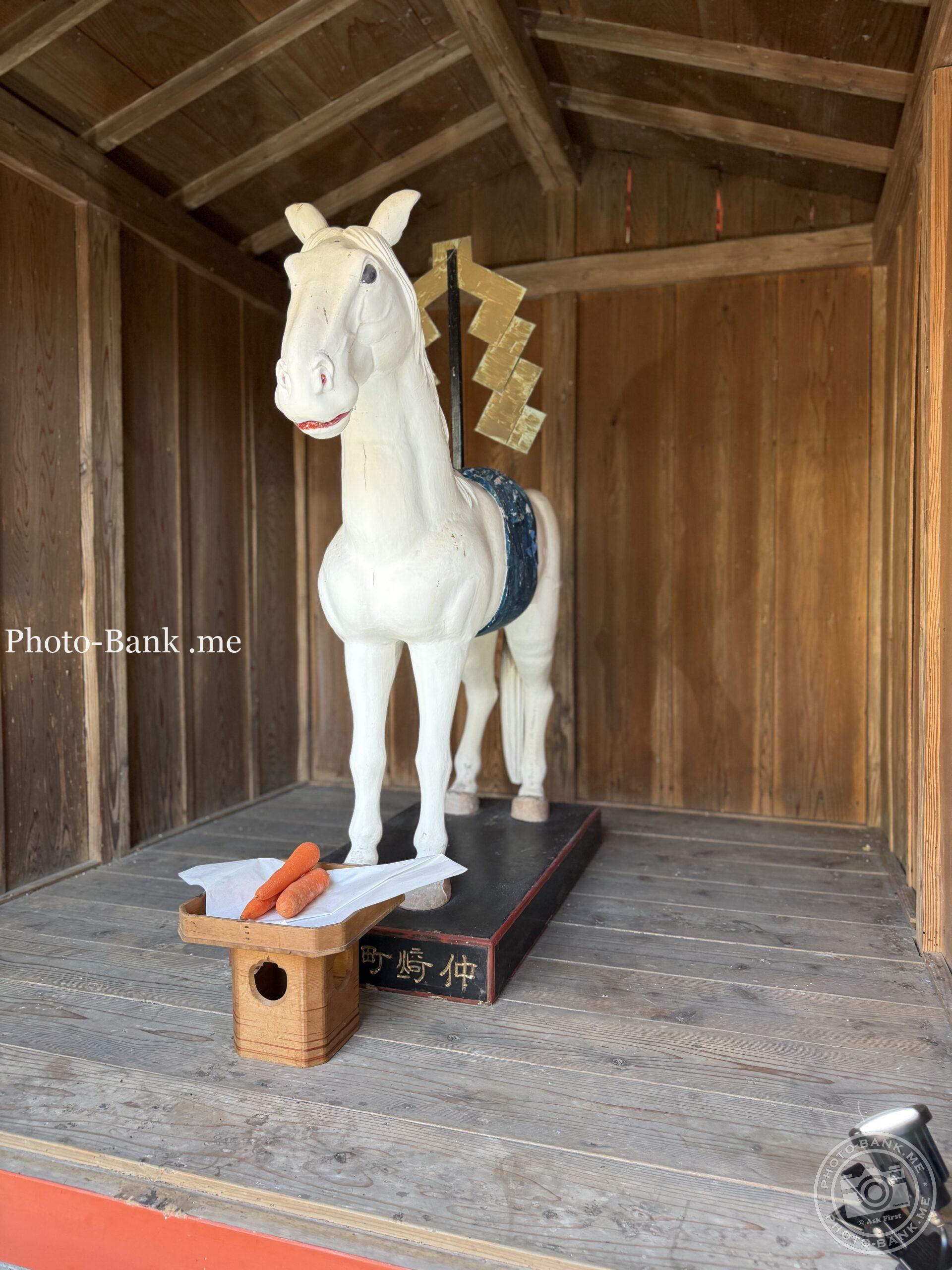 三浦半島海南神社の神馬。白い木馬の前にはニンジンがお供えされている。